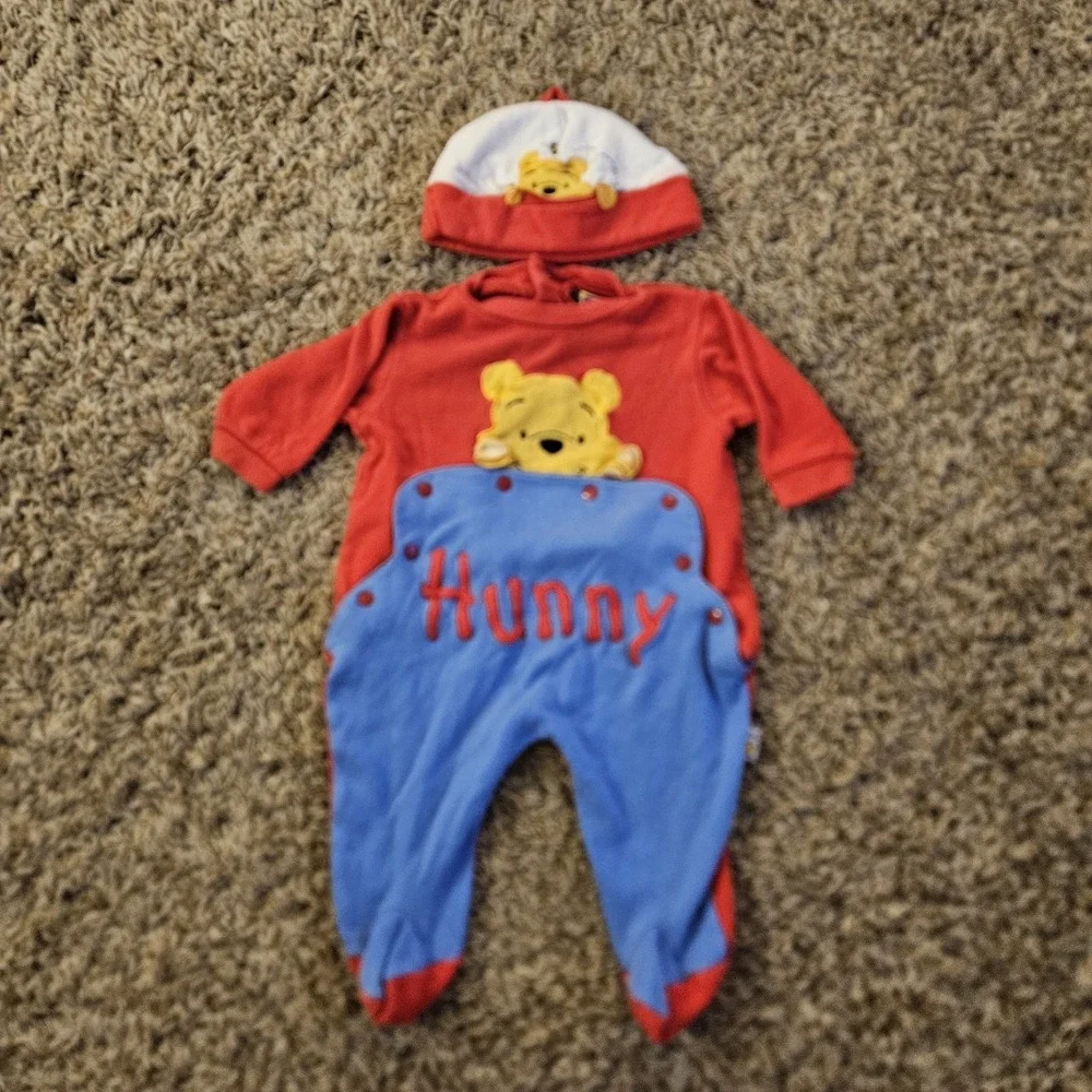 RARE VTG Winnie The Pooh 100 Acre Collection Baby Romper W/ Matching Hat Sz 3 Mo